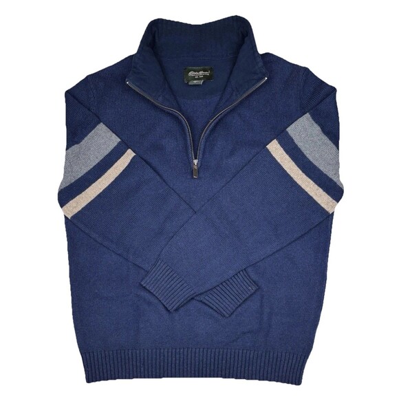 Men’s Eddie Bauer Blue Size M Lambswool Gorp Norm 1/4 Zip Sweater Arm Stripes - Picture 2 of 4